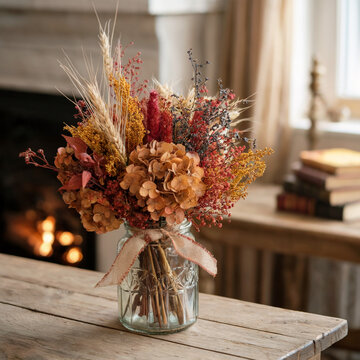 El toque del oto&ntilde;o: un ramo de flores secas en un hogar acogedor