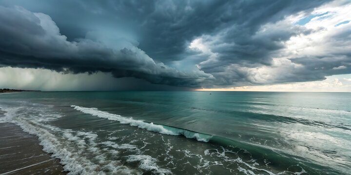 Dark, ominous storm clouds roll in over a calm sea, creating a sense of foreboding and dramatic atmosphere.