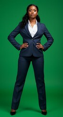 A confident Black woman in a navy blue suit stands against a green background