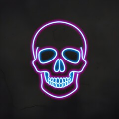 Fototapeta premium Neon outline skull design glowing with bright electric colors like blue and pink against a dark plain background, creating a luminous futuristic modern artistic appearance