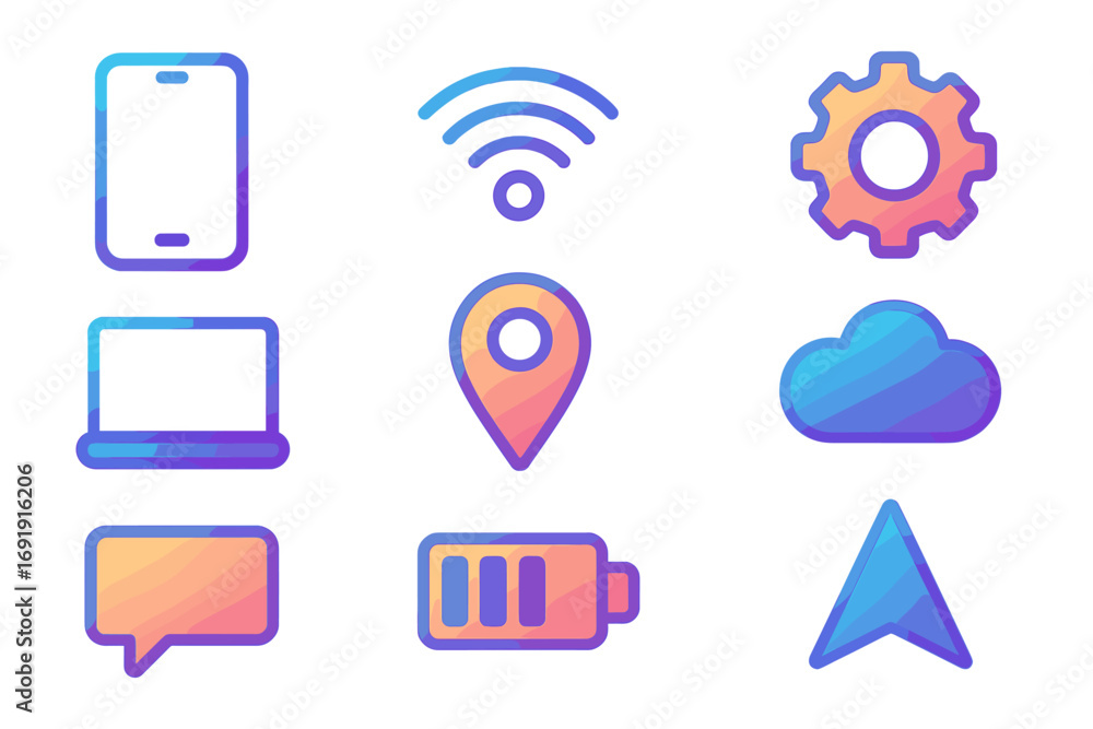 Poster gradient ui icons set. mobile app and web interface elements. vector technology, navigation, communi