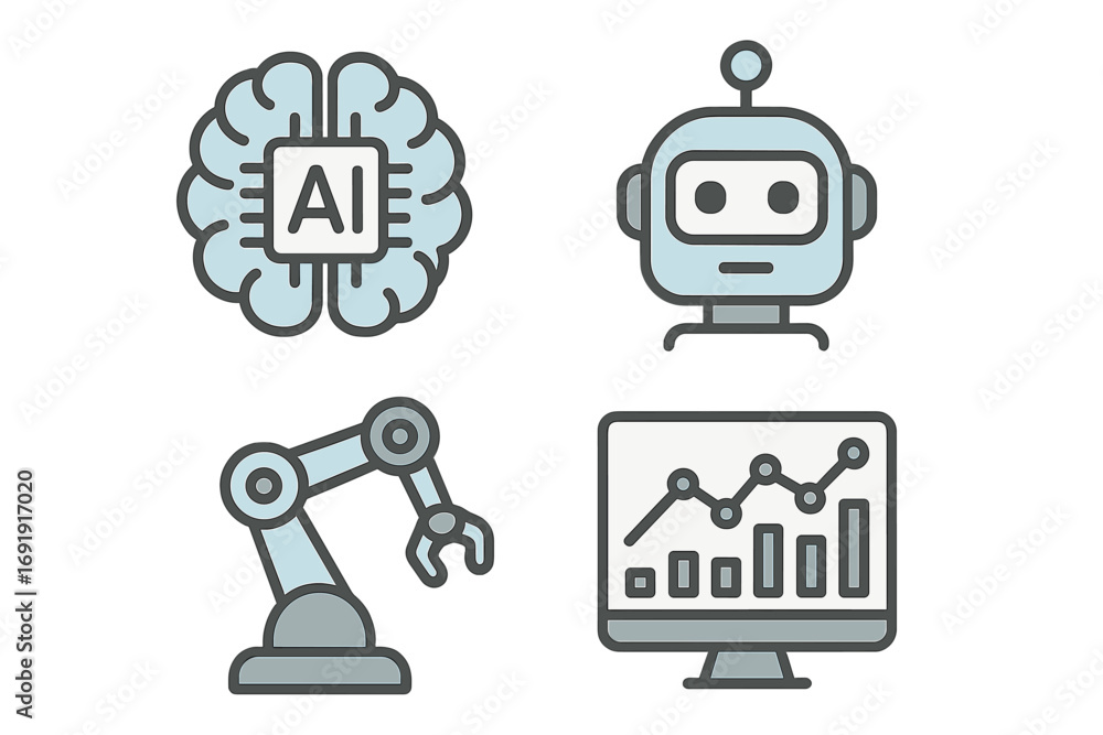 Poster technology icon set with ai brain, robot head, robotic arm, and data analytics chart. vector illustr