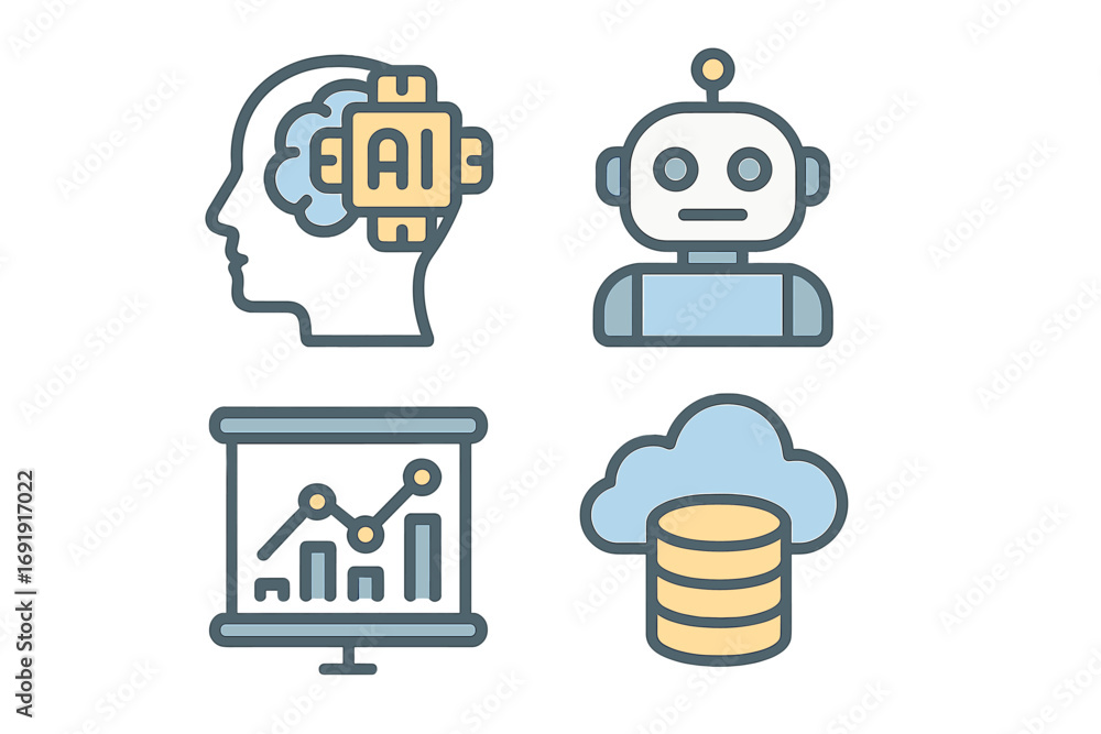 Aufkleber technology icon set featuring ai, robotics, data analytics, and cloud computing. vector icons for ar