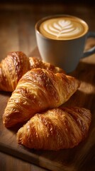 Three delicious croissants with a coffee with a drawing inside served on a wooden board, image with copyspace