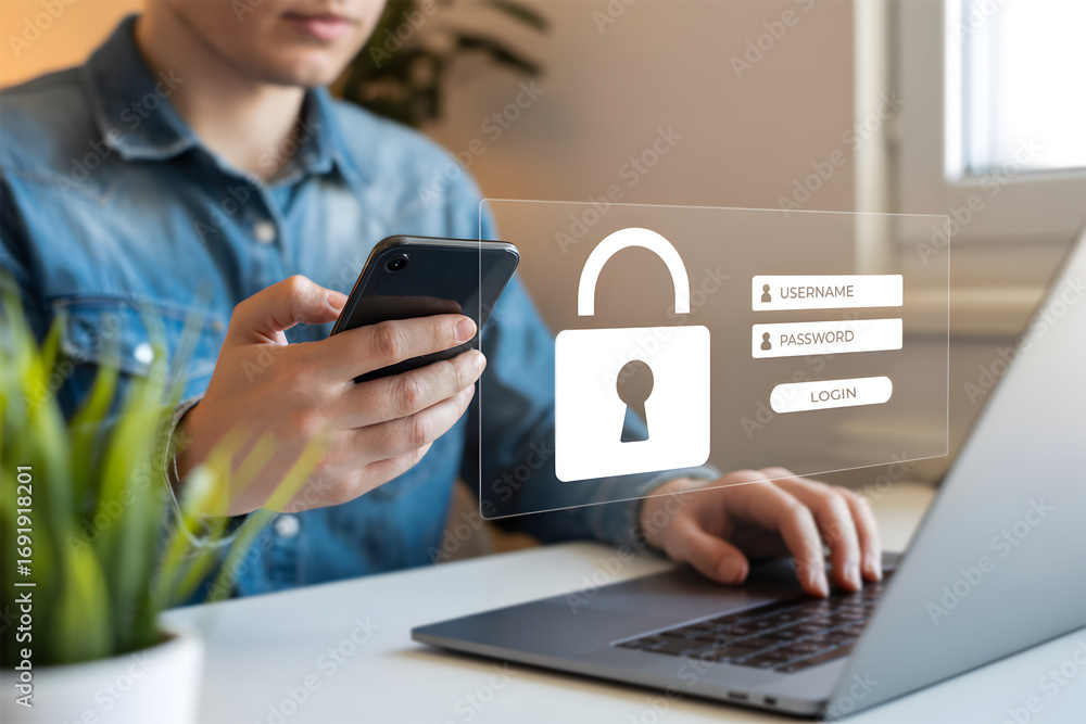 Poster secure login and password authentication for online accounts, two-factor access, and digital protect