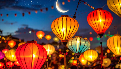Obraz premium Colorful lanterns design glowing at night with a crescent moon in the sky, a vibrant festival