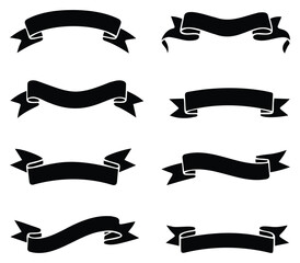 Collection of eight black banner ribbons, isolated vector illustration, graphic design elements, decorative and ornamental shapes, creative banner set