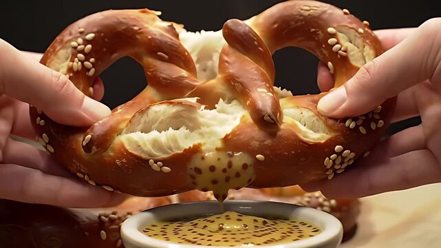 Warm, soft pretzel being broken apart by hands, with steam escaping, ready for dipping in sweet mustard.