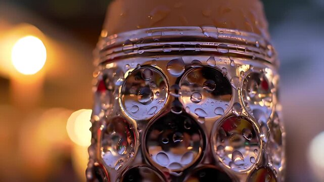 Chilled beer stein with condensation dripping down its dimpled surface, out-of-focus tent lights reflecting vibrantly.