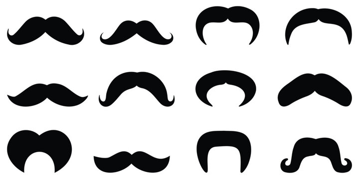 Collection of twelve black mustache silhouettes, vector illustration set, design and decoration elements, facial hair icons, creative and ornamental graphics