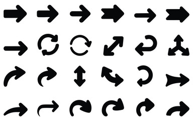 Collection of various black arrow icons, pointing in different directions, vector illustration set, navigation and pointer symbols, graphic design elements
