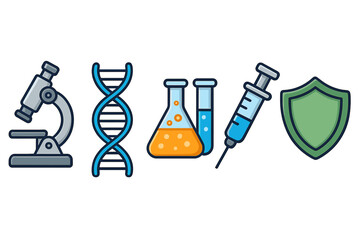 Obraz premium Science and technology icons including microscope, DNA helix, laboratory glassware with chemicals, syringe vaccine, and protective shield vector cartoon illustration set on transparent background