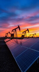 Fototapeta premium solar power station, Oil pump jacks, solar panels under vibrant sunset sky. Reflecting sun, clouds on photovoltaic panels, representing energy industry transition. Fusion of fossil fuels extraction, r
