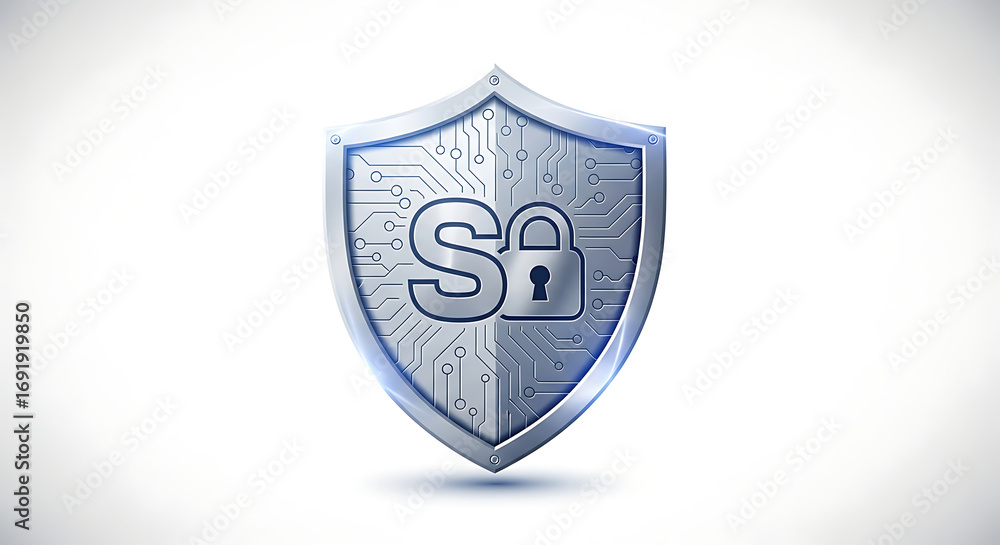 Poster a shield with an s and a padlock on it representing security on a white background with light effect