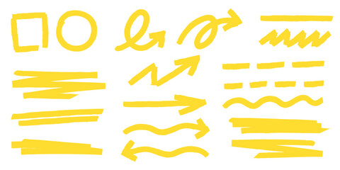 Bright yellow highlight strokes with marker textures - arrows and underlines, circles, squares and wavy lines on white bg. Hand drawn emphasis elements for annotations, notes or digital design accents