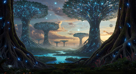 Mystical forest with glowing trees and stream