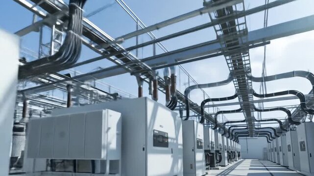 Aerial People & Lifestyle Modern Industrial Data Center with Cooling and Power Systems under Bright Sky