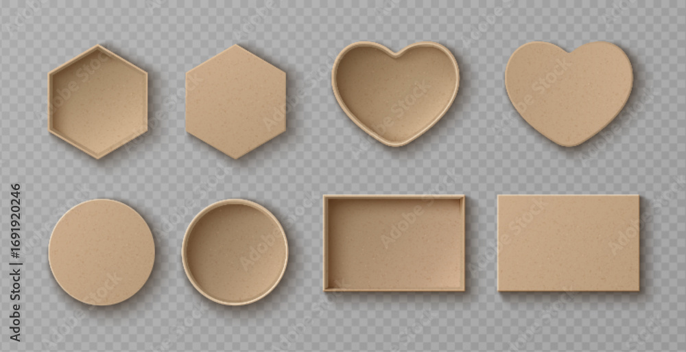 Aufkleber realistic cardboard box mockup set with top view - hexagonal, heart, circular and rectangular kraft 