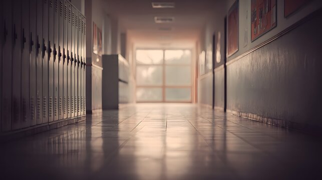 School hallway with lockers slightly open, rainy day soft glow, muted desaturated palette