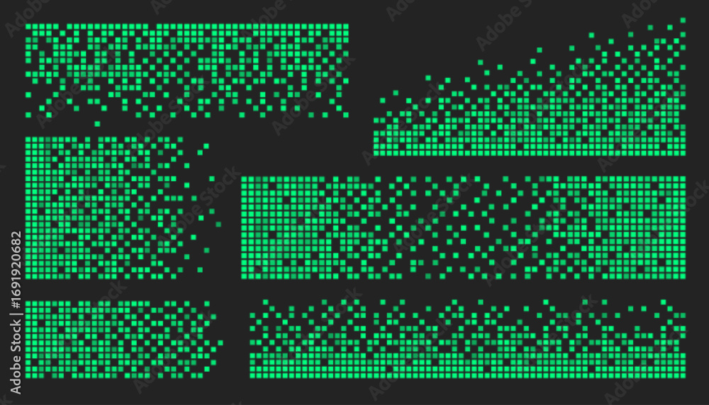 Poster green cube pixel pattern textures with matrix dispersion, digital decay and data fragmentation for c