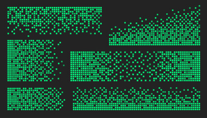 Green cube pixel pattern textures with matrix dispersion, digital decay and data fragmentation for cyberpunk designs. Neon grid dissolution effects with scattered blocks. Terminal screen aesthetics