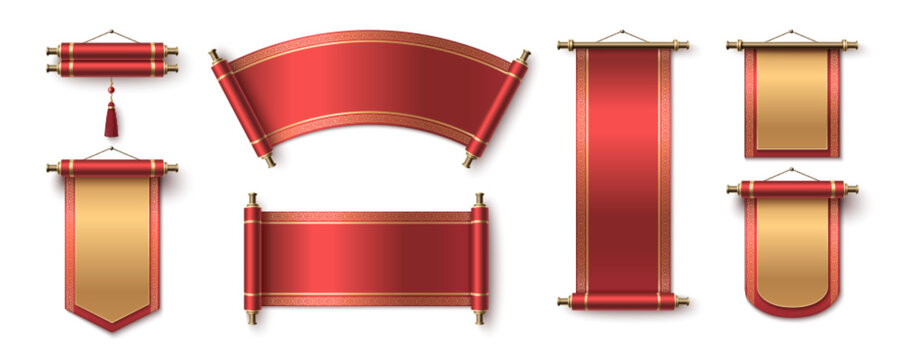Chinese scroll paper set with red silk banners, golden trim and tassel decorations for Lunar New Year designs. Traditional parchment with brass rods and curved edges. Oriental hanging festive scrolls