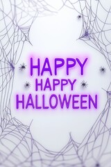 Happy happy halloween text with spiders and spiderwebs design