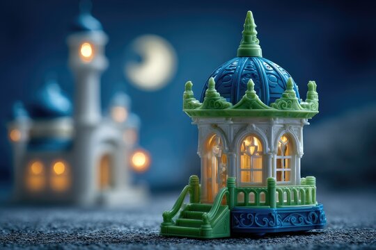 Miniature mosque and gazebo at night