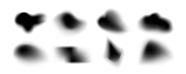 Abstract elements with blur shape blob set for overlays - soft black gradient forms, organic silhouettes with diffused edges. Atmospheric shadows with smooth transitions for modern graphic design.