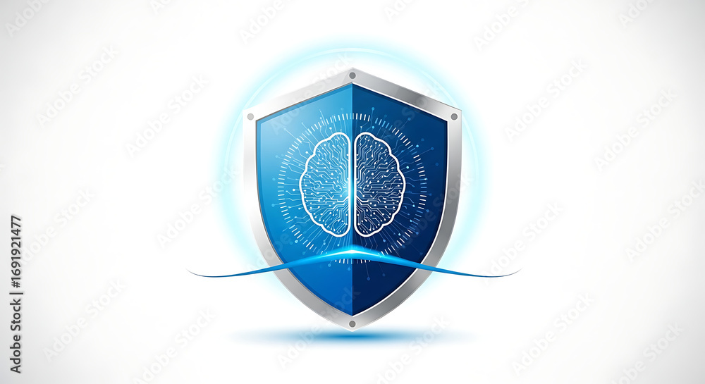 Poster a blue shield with a brain circuit inside representing artificial intelligence and data protection