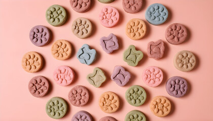 Premium pet treats arranged in circle pattern. Pastel colored background