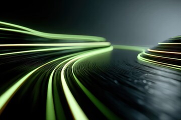 Abstract Green Neon Lines Flowing on Dark Reflective Surface background bright