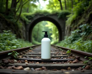 Fototapeta premium A white cosmetic pump bottle mockup on old railway tracks leading through a lush, green forest tunnel. A concept of a natural journey