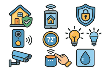 Smart home technology icons for automated living, security, surveillance cameras, smart thermostat, voice control device, light bulbs, wireless smart home system, vector cartoon set