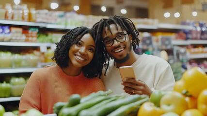Happy African American Couple Grocery Shopping Together, Using Smartphone in Supermarket Aisle, Smiling, Healthy Food Choices, Fresh Produce, Modern Lifestyle