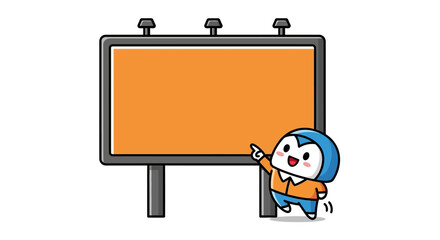 Cartoon Character Pointing at Orange Billboard Sign