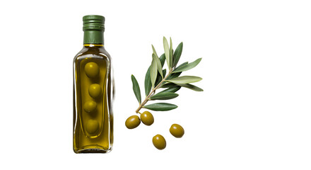 Olive Oil Bottle, Green Olives, and Fresh Olive Branch Composition