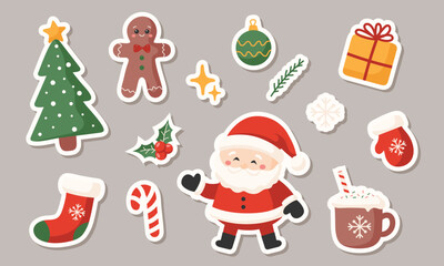 Cute Christmas sticker set. Collection of Christmas elements. Vector illustration  