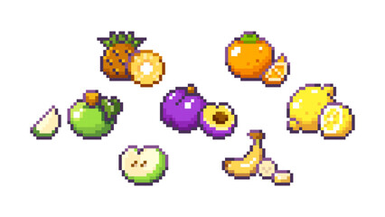 Fruit pixel art collection with pineapple and orange, apple and plum, lemon, and banana for retro gaming assets. Colorful 8 bit style food icons with sliced variations. Classic arcade games assets