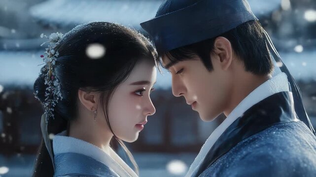 Romantic Korean Drama Scene: Young Couple in Traditional Hanbok Gazing Lovingly at Each Other in Falling Snow
