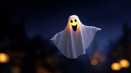 Cute 3D Animated Ghost Character with Jack-o'-Lantern Face Floating at Night