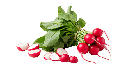 Vibrant Fresh Radishes with Green Leaves and Cut Halves on a Gradient