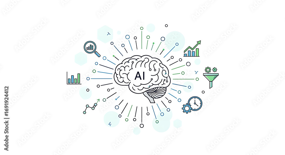 Poster illustration of a brain with ai inside surrounded by data analysis and processing icons on white