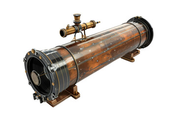 Brass telescope with vintage design isolated on transparent background.