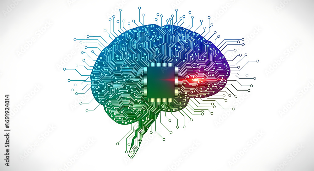 Poster illustration of a brain with circuit board design and central processing unit on white background