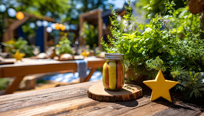 Mustard jar stars beside a grilled hot dog garden on a wooden picnic stage