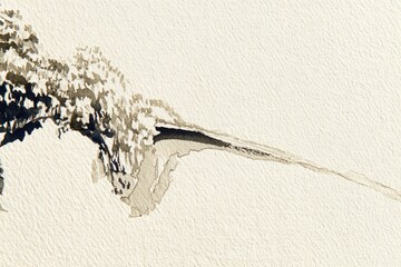 Abstract ink wash painting on paper.  A dark, textured mass flows into a lighter, flowing tail