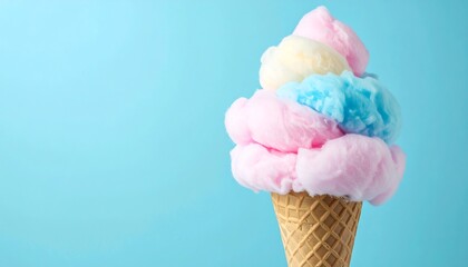 Colorful cotton candy stacked high in a waffle cone, against a light blue background with space for text on the left