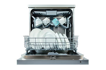 Modern dishwasher appliance with open door showing racks and compartments isolated on transparent background.