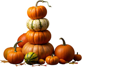 Vibrant autumn harvest display featuring a stacked assortment of pumpkins and gourds, perfect for seasonal decor isolated on white background